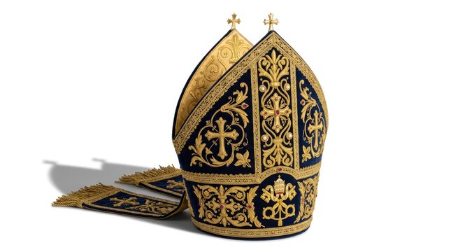 Golden mitre on white background, ornate bishop's hat
