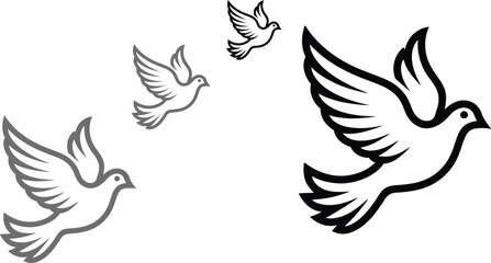 Fototapeta premium Dove, doves, flying birds, white, black, icon set, 3 dove silhouettes
