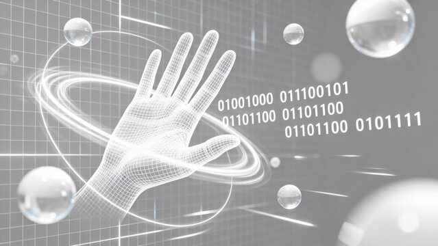 Wireframe hand with binary code