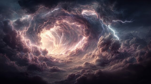 Fantasy wallpaper. A dramatic digital artwork depicts a stormy sky. The main subject is a swirling vortex of swirling clouds, illuminated by a radiant, fiery glow emanating from the center.