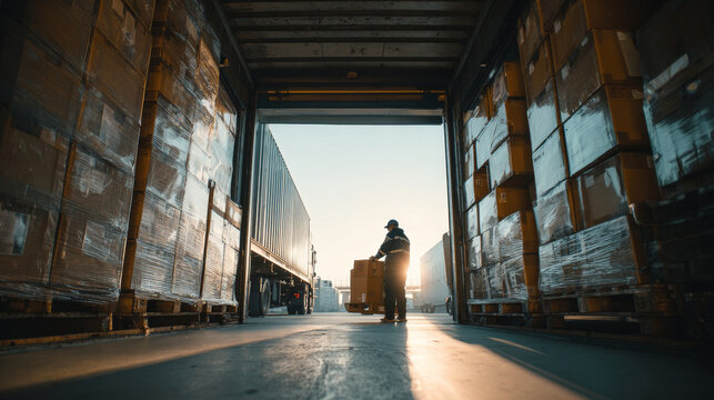 Warehouse worker moves pallet boxes inside large distribution center as sunlight streams through open loading dock. Modern logistics, supply chain operations are depicted in this dynamic scene