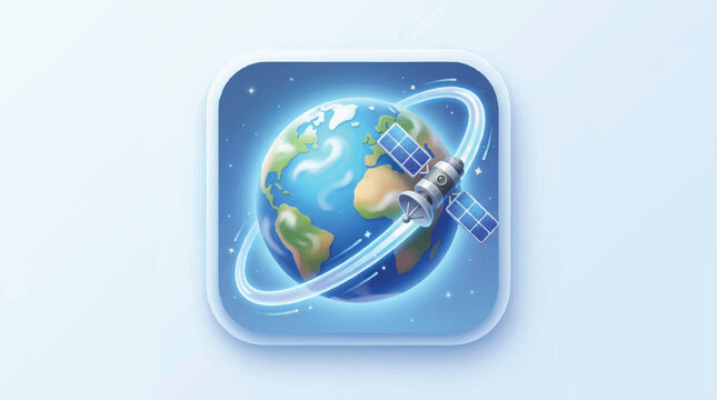 Technology icon showing Earth with a satellite in orbit inside a rounded blue app square.
