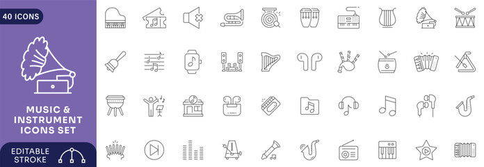 Music & instrument line editable icon set. Editable stroke. © siyannlum