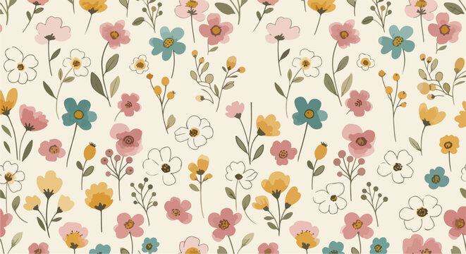 Bright floral background pattern with yellow blue petals