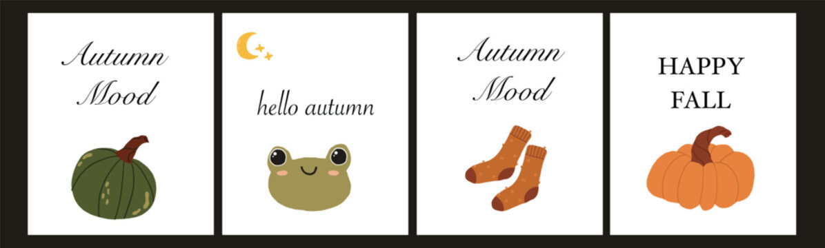 Autumn Greeting Cards Set, Hand Drawn Fall Postcard Collection with Pumpkin, Cute Frog, Knitted Socks and Celestial Elements, Flat Vector Illustration