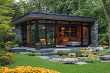 Obraz premium Spacious covered patio beside modern house.