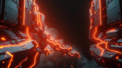 Fototapeta premium Futuristic corridor glows with vibrant red neon lines. Complex structures frame central pathway, creating intense visual effect.
