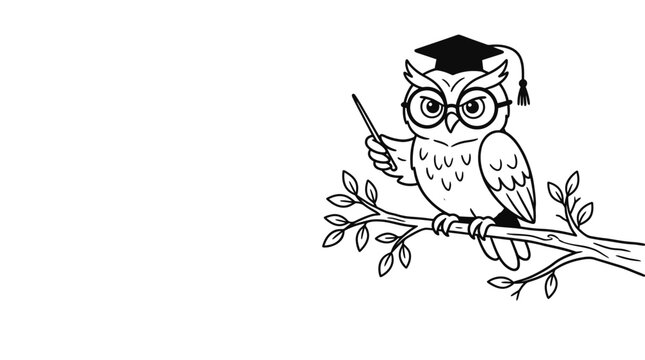 Wise owl teacher wearing graduation cap and glasses holding pointer stick on tree branch line art illustration for coloring book