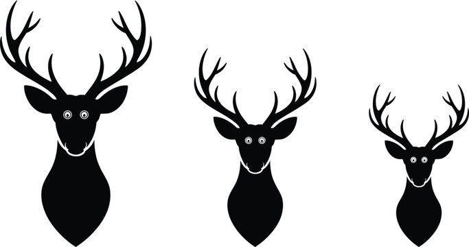 Deer head silhouettes, black deer icons, stag antler illustrations, wildlife vector graphics