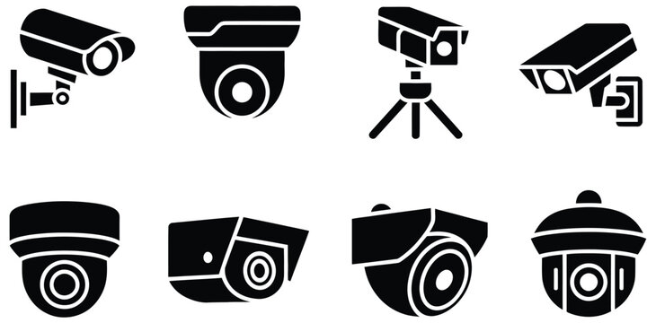 Security camera icon set featuring silhouette CCTV surveillance equipment, 8 vector elements for monitoring and protection systems, clean modern flat vector illustration collection for safety 