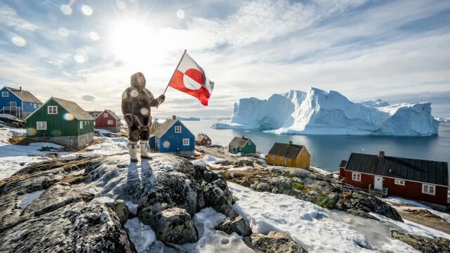 Individual proudly displaying Greenlandic national ensign, commemorating independence day, remote arctic settlement, scenic icy fjord, snow covered ground, bright sunshine, colorful dwellings.