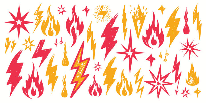 Hand drawn grunge style collection of lightning bolts, fire flames and starburst elements
