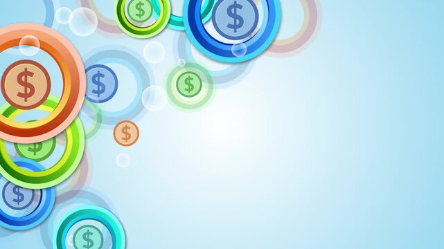 Abstract financial background with overlapping circular coins and dollar symbols animation