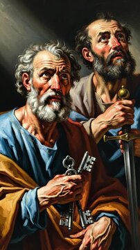 Saints Peter and Paul, christian apostolic figure, holding symbolic religious key, warrior sword, representing traditional biblical narrative, commemorating sacred feast day, june twenty ninth.