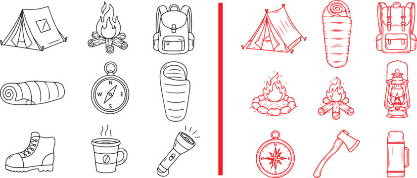 Hand-drawn vector camping and outdoor adventure icon set. Ideal for hiking, nature exploration, and survival equipment designs