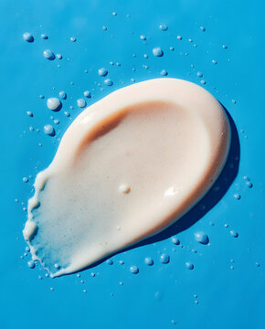 Sunscreen cream smear on blue background with water