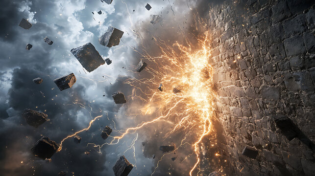 Lightning hitting a stone wall, creating a visible shockwave with dust clouds and sharp fragments 