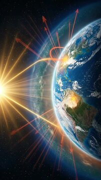 Earth planet demonstrating greenhouse effect, global climate warming, atmospheric heat trapping, carbon dioxide gas emission, methane, radiation absorption, increasing energy, temperature change.