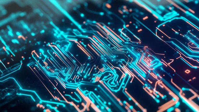 Futuristic abstract blue and orange glowing circuit pathways symbolizing rapid digital data flow and technological connection