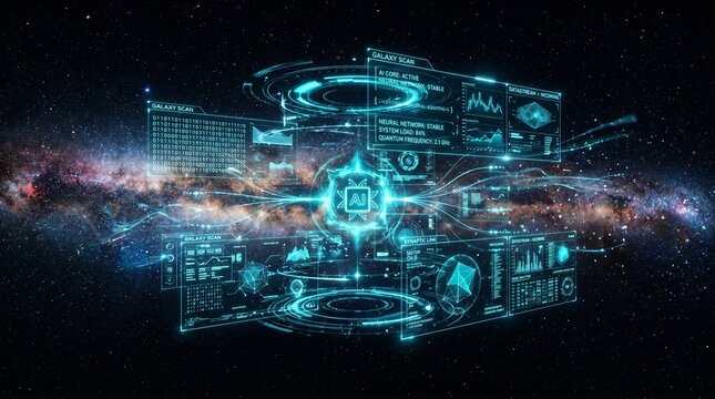 Artificial Intelligence Central Core Processor - Futuristic HUD Hologram Hub, Glowing Blue Digital Architecture, Advanced Machine Learning Technology, High-Tech Server Information Center