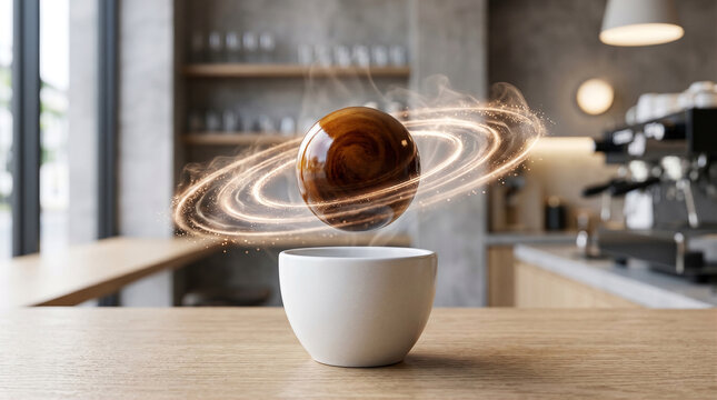 Futuristic Levitating Espresso Sphere with Glowing Steam Rings Above a White Cup in a Modern Cafe Interior
