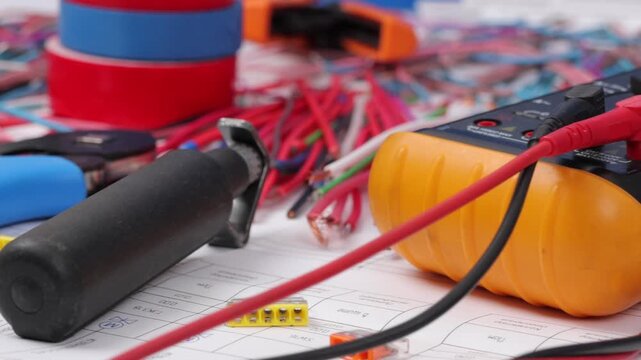 Tools and materials for assembling an electrical switchboard in the workplace.