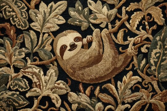 Embroidered Sloth Hiding in Lush Foliage Design for Textiles or Decor