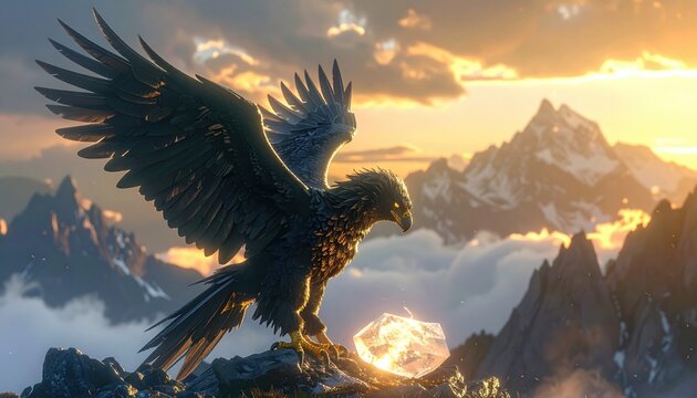 Majestic griffon with iridescent feathers perches on a rocky mountain peak holding a glowing gemstone at sunrise