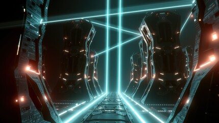 Fototapeta premium Futuristic tunnel glows with vibrant cyan lines. Dark metallic walls flank long corridor, creating symmetrical perspective. Intense light emanates forward.