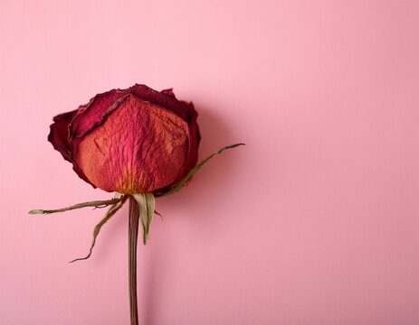 dried withered red rose flower on pink paper background and copy space top view of beautiful withered red rose for decoration photography of dry flowers in studio