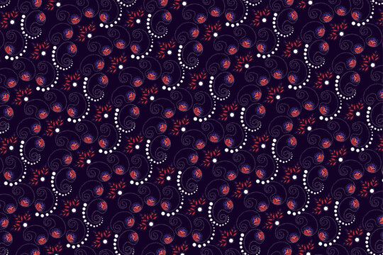 Vintage floral seamless pattern, elegant dark purple botanical background, classic damask vector texture with red flowers and white dots