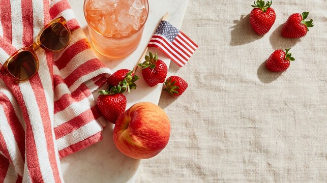 Overhead flat lay of curated Memorial Day weekend essentials including strawberries, apple, sunglasses, and a drink with ice on a light tablecloth
