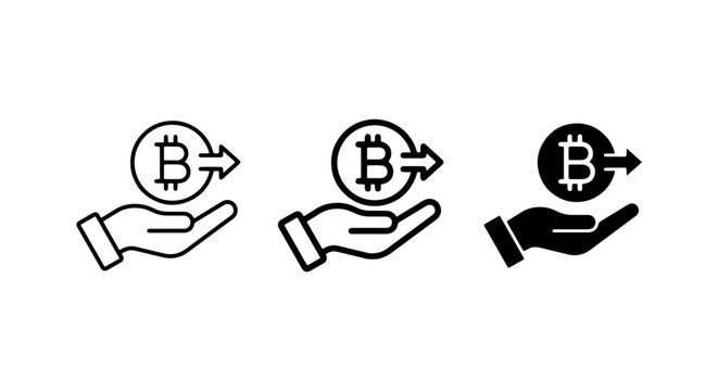 Bitcoin Hand Icon Set, Cryptocurrency Exchange Vector Graphics, Digital Coin Transfer Symbols