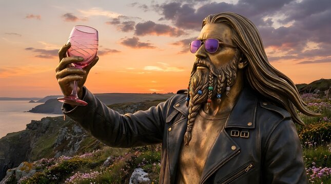 Statue, rocker man with braided beard and sunglasses, holding wine glass, sunset landscape background