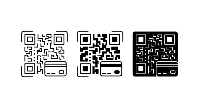 QR Code Payment Icons, Digital Transaction Symbols, Mobile Wallet Icons, Credit Card Scan Graphics