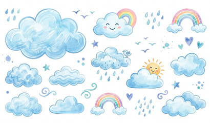 Obraz premium Stylized watercolor cloud clipart set with playful decorative sky vector illustrations