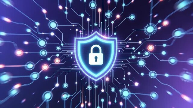 Shield with lock icon and glowing tech lines in futuristic style on dark backdrop, concept of cybersecurity and protection
