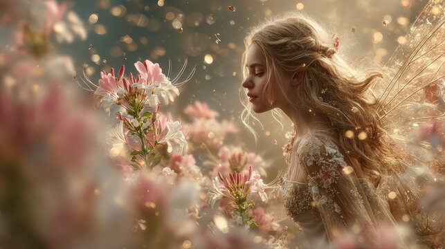Fantasy wallpaper. A detailed digital artwork depicts a serene female figure with long, flowing blonde hair, adorned with delicate fairy wings. She stands in a field of pink and white flowers.