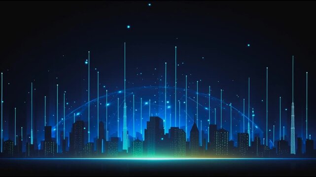 Smart city with connection network reciprocity over the cityscape social media networking systems that connects on the peak of success amid tall, innovative Smart city and graphs with statistics