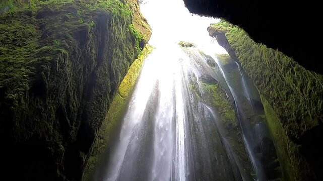 Low angle shot of Gljufrabui waterfall plunging from a hidden gorge, 4K