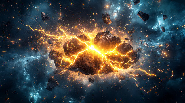 Lightning blast cracking a jagged rock face, pieces flying off under extreme force and heat 