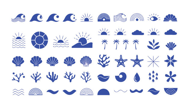 Set of blue nautical icons and summer ocean design elements
