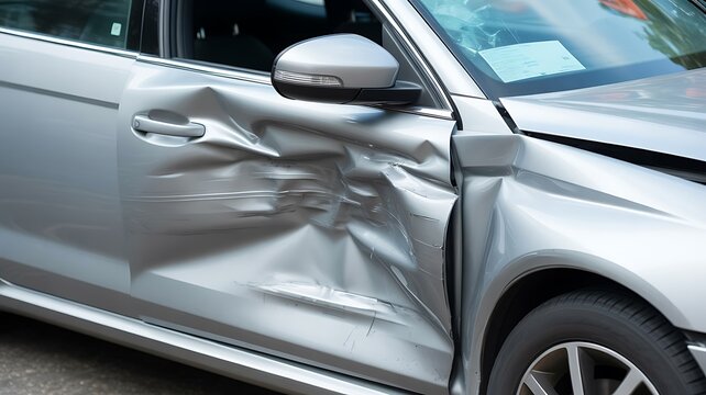 Damaged car door, dented vehicle side panel, crashed silver automobile, car accident damage