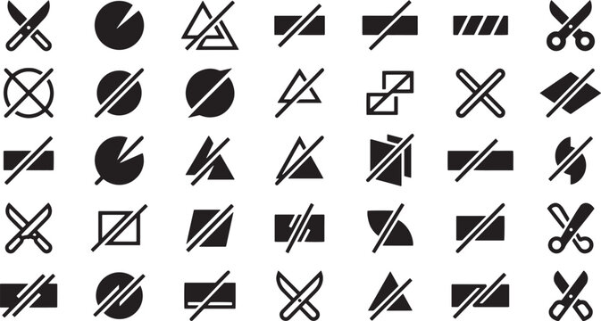 Abstract symbols and icons depicting various geometric shapes, scissors, and other objects with a strike-through indicating prohibition or cancellation.