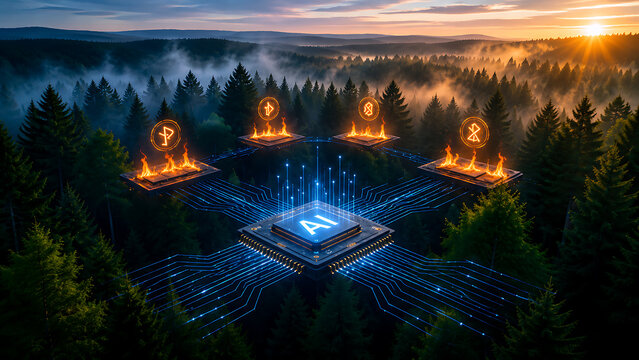 Artificial intelligence core connecting multiple platforms in forest with symbolic fire nodes representing distributed computing network