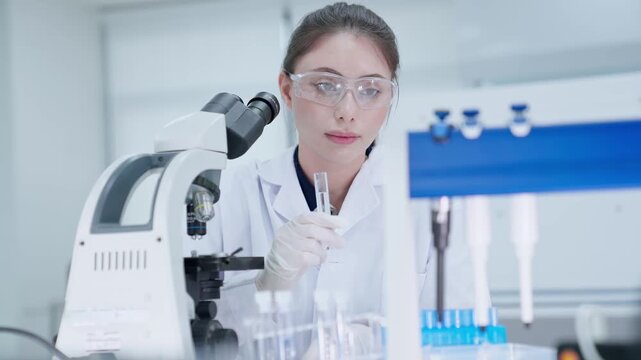 A scientist looks through a microscope to analyze samples in a laboratory. The walls are bright and the equipment is new. The focus is on research and findings.