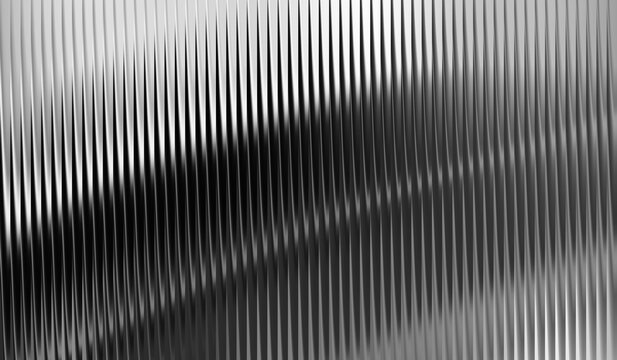 Abstract background of vertical metallic ridges or fins with a smooth grey gradient, creating a modern and sleek industrial texture with high contrast light and shadow reflections