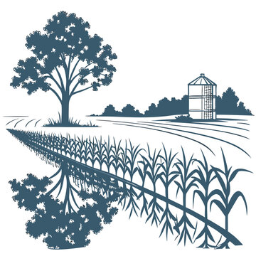 Rural landscape with tree cornfield and grain silo stylized vector illustration on white background
