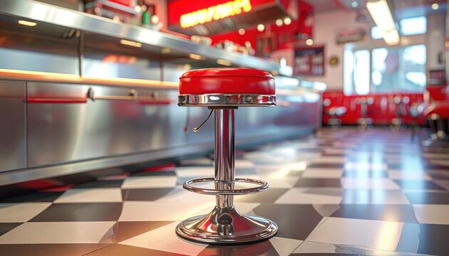 A Gleaming Red Chrome Diner Stool in a Retro Restaurant Setting