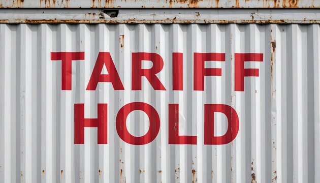 White Shipping Container with the Words "TARIFF HOLD" Stenciled in Large Red Letters Against a Clear Blue Sky
